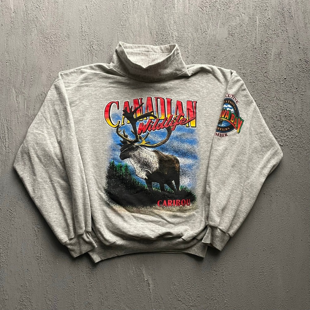 Vintage Canadian Wildlife Caribou Mock Neck Mens One Size Grey 90s Ruff Boys